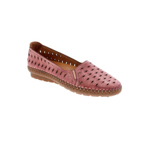 Ladies pink leather slip on shoe, with perforated upper detail.