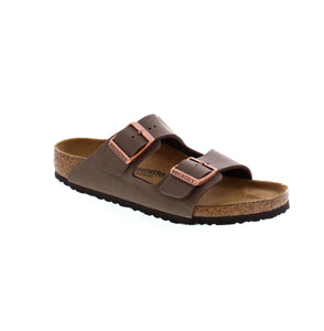  Crafted with durable and easy-to-clean Birkibuc material, this mini version of the classic two-strap sandal features adjustable buckles and a contoured cork-latex footbed to keep their feet comfortably supported while they play and explore.