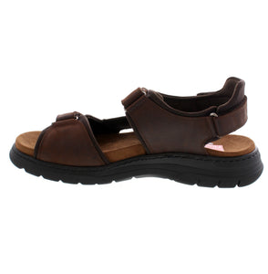 Men's brown leather sandal with removal footbed, and velcro closure for easy on and off.