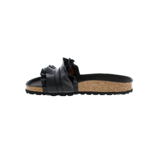 Get the perfect summer look with the EOS Ginora slide sandals. Crafted with eco-suede leather, a cute ruffled design, and light arch support, you'll enjoy luxurious comfort and stability all day. The cork midsoles and rubber outsoles provide additional support. Enjoy comfort and style with EOS Ginora.