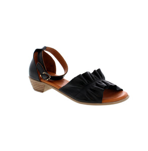 Expertly crafted in Turkey, Roamers Molly combines elegant style with all-day comfort. The ruffle leather strap design creates a charming open-toe shoe, while the ankle strap adds a touch of sophistication. Finished with a sturdy wood-stacked heel, this shoe is perfect for a modern Mary Jane look.