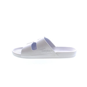 Freedom Moses White vegan slides are injected with air, so you feel like you're walking on a cloud. No matter where you're headed, these slides are comfortable, waterproof and feature adjustable buckles for a secure fit. 