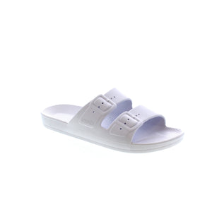Freedom Moses black vegan slides are injected with air, so you feel like you're walking on a cloud. No matter where you're headed, these slides are waterproof and comfortable for all-day wear.  