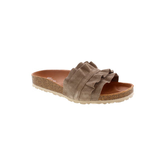 Get the perfect summer look with the EOS Ginora slide sandals. Crafted with eco-suede leather, a cute ruffled design, and light arch support, you'll enjoy luxurious comfort and stability all day. The cork midsoles and rubber outsoles provide additional support. Enjoy comfort and style with EOS Ginora.
