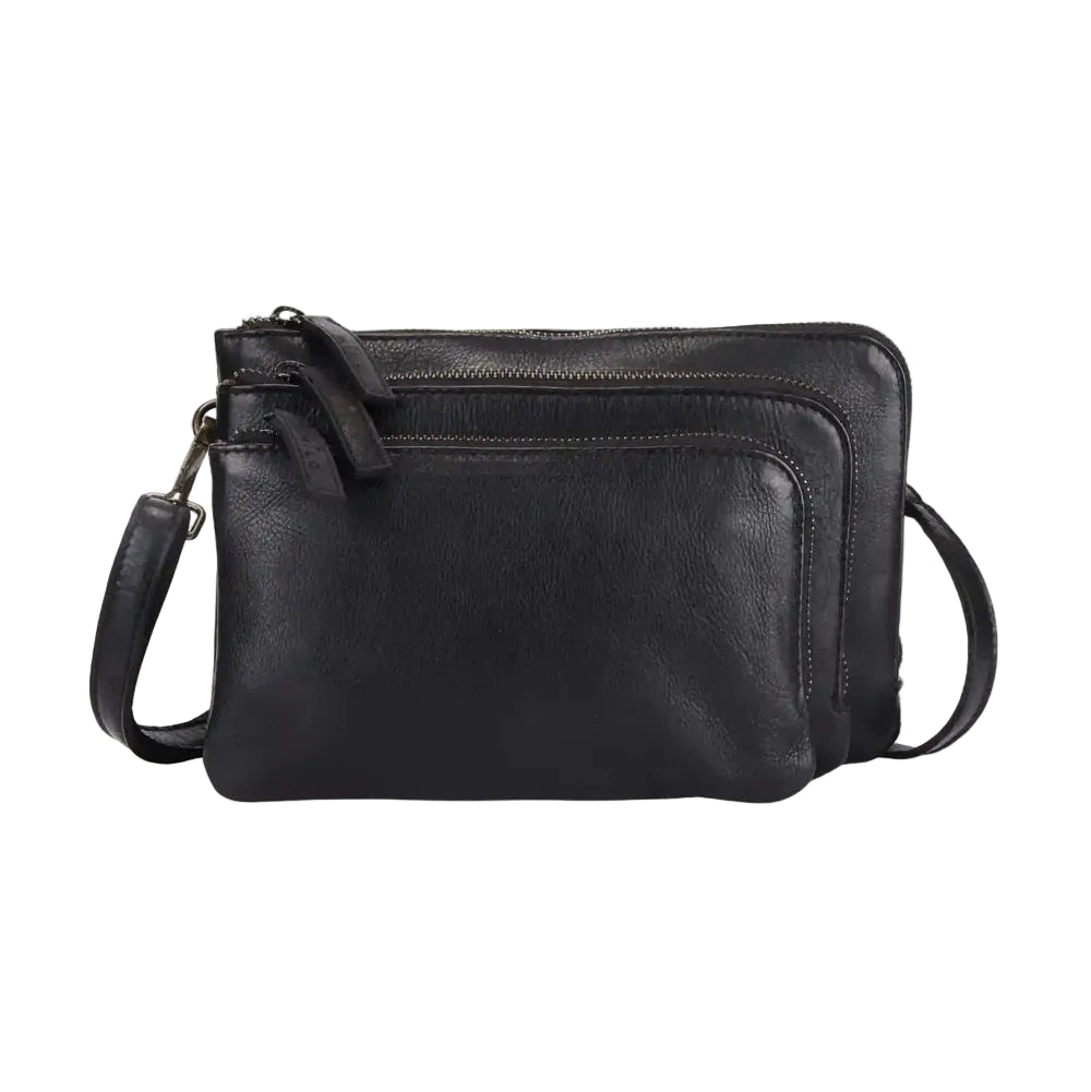 This black leather wallet features three practical sections and antique-inspired hardware. Measuring 9.1 × 5.9 × 2.4 inches, it combines a supple washed leather exterior with everyday durability and timeless style.