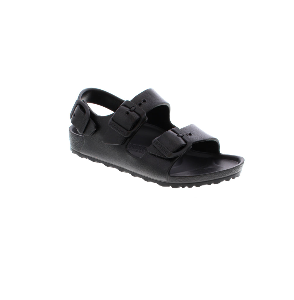The Birkenstock Milano delivers timeless comfort in a lightweight, durable design built for active kids. Crafted from flexible EVA molded into an anatomically shaped footbed, these back-strap sandals provide shock absorption and all-day support. Three individually adjustable resin pin buckles ensure a customized fit, while the waterproof construction handles beach days, poolside lounging, and backyard adventures with ease.