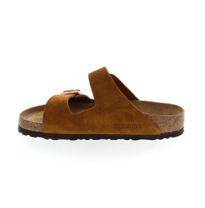 Soft footbed sandal with suede upper, and cork sole for added arch support., double buckle for easy slip on and off.