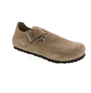 The Birkenstock London in Taupe combines simple design with ultimate comfort. As one of Birkenstock's original closed-toe styles, it features clean lines and an adjustable buckle strap for ease of wear. The iconic footbed provides unparalleled support while the soft suede upper gives a natural, rustic look.