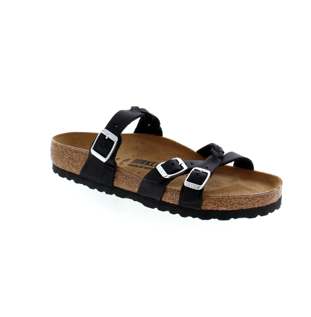 Upgrade your style game with the Birkenstock Franca Braid sandal. This fashionable design features oiled nubuck leather straps intertwined with braids and finished off with a contoured cork-latex footbed for all-day support and comfort. Add a touch of boho flair to your wardrobe with this timeless piece.