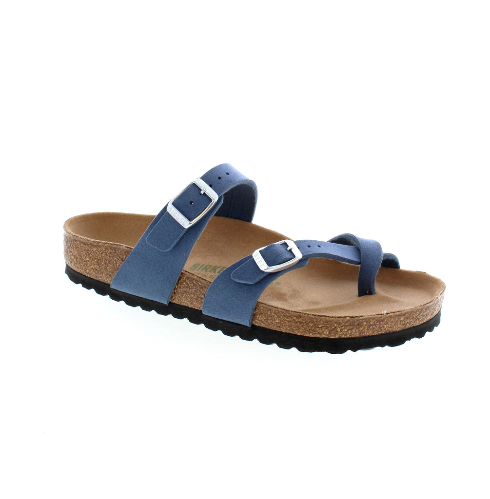 The Birkenstock Mayari Vegan offers stylish comfort with adjustable, crisscrossing straps that form a single loop around the toe. This sandal also features classic support and adjustability, with an upper made from Vegan Birkibuc, a durable and skin-friendly, manmade material.&nbsp;