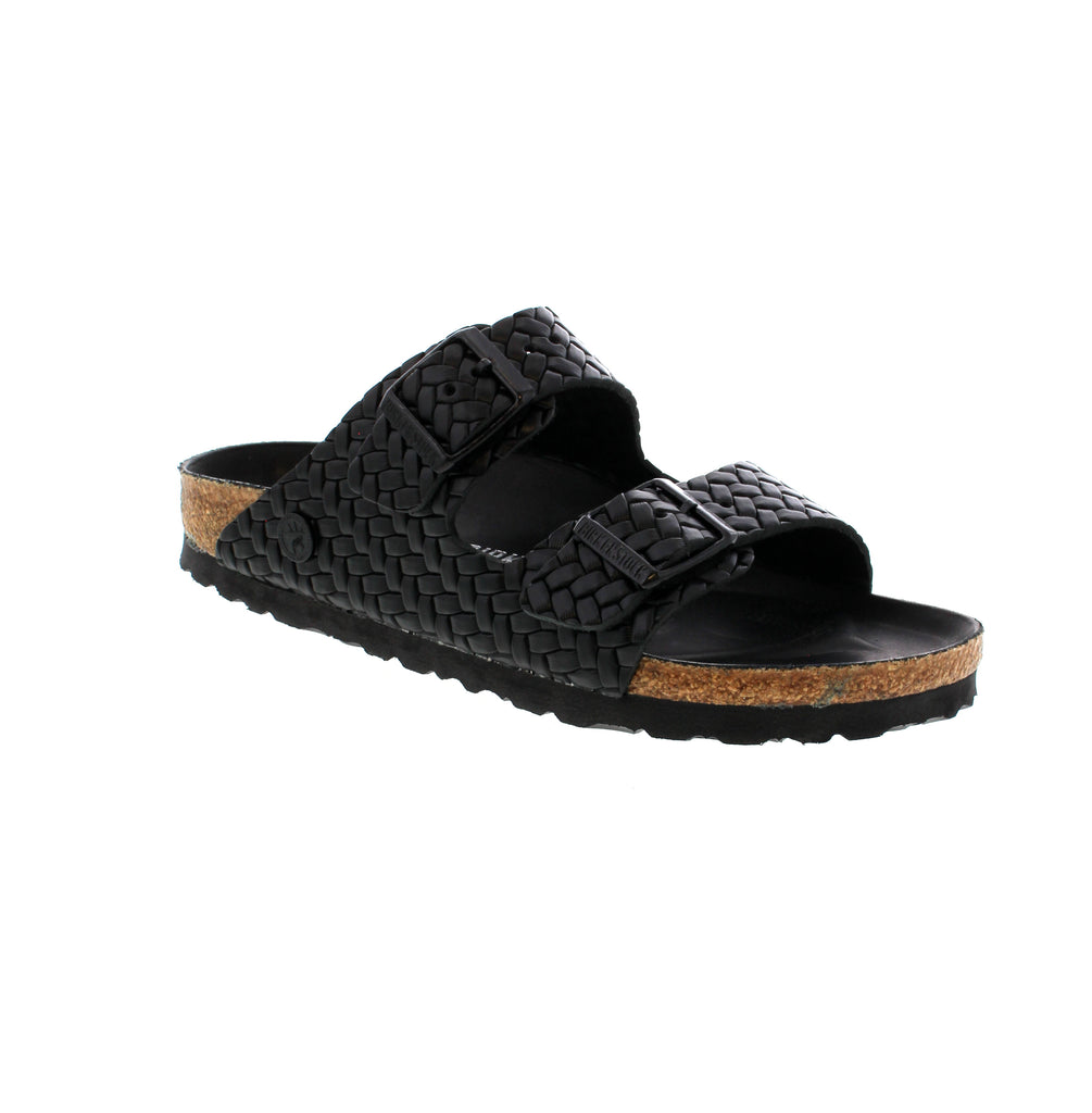 The Birkenstock Arizona Hex in Black showcases expert craftsmanship with its embossed texture, creating a woven effect on the iconic two-strap design. It rests on the original contoured footbed, known for its ergonomic support, and is wrapped in luxuriously smooth leather, enhancing both comfort and a premium aesthetic. This sandal delivers a refined blend of style and function.