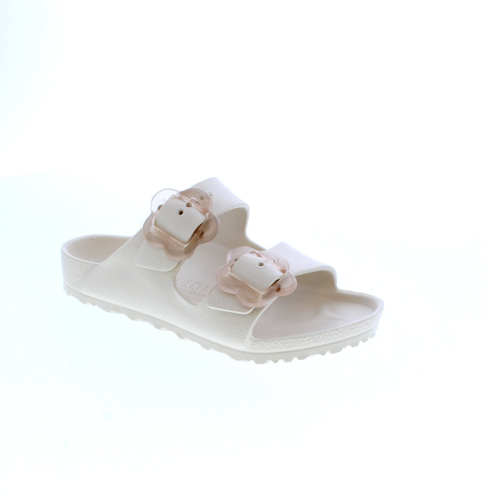 Birkenstock's iconic Arizona silhouette gets a playful twist for little feet! These lightweight sandals feature EVA construction, perfect for active kids who love the outdoors. The flower buckle closure keeps them secure during summer fun.