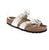 Step into effortless elegance with the Birkenstock Mayari Flowers in crisp white. This iconic thong sandal features leather cut-out flowers. The cork midsole and suede footbed will keep your feet happy all day long. Perfect for casual to dressier occasions.