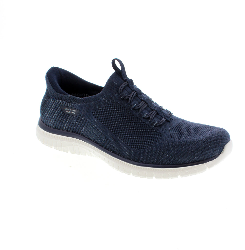 The Skechers Slip Ins Virtue 104743-NVY in navy delivers comfort-focused walking in a convenient slip-on design. Built with a fabric upper and mesh lining, this shoe features a removable microfiber footbed that supports orthotics. The memory foam midsole cushions your stride, while the bungee lace closure and step-in style make getting ready quick and easy. Machine washable and vegan-friendly with a white sole.
