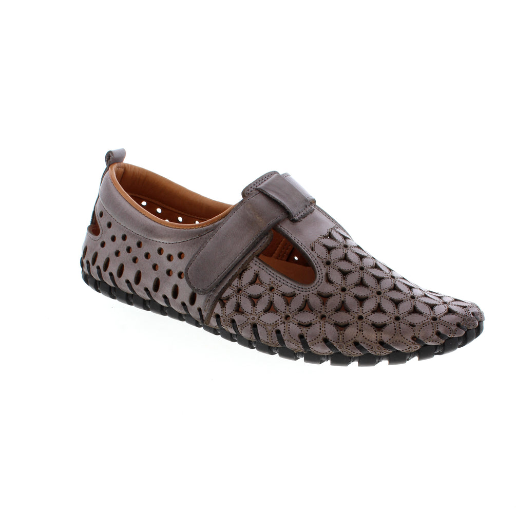 Volks Walkers 1157-GREY leather flat with perforated upper for breathability. Features removable leather insole, memory foam midsole, and velcro closure. Round toe design with rubber outsole. Orthotic-friendly and perfect for casual spring and summer wear.
