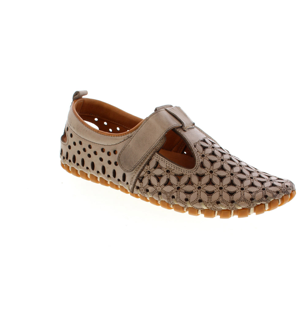 Volks Walkers 1157-STONE leather flat with breathable perforated upper. Equipped with removable leather insole, memory foam midsole, and easy velcro closure. Round toe silhouette with durable rubber outsole. Orthotic-friendly design ideal for casual spring and summer activities.