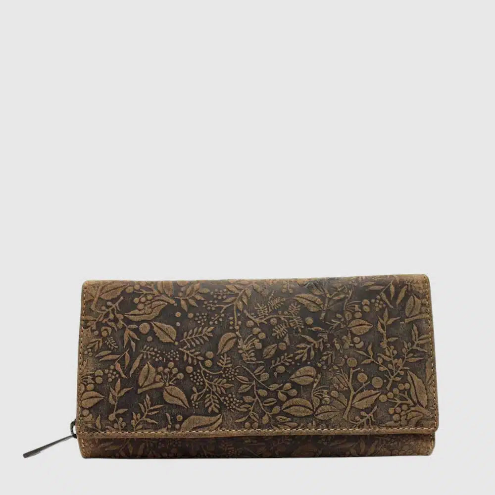 This women's long wallet with embossed floral detail will keep you organized with beautiful details. The full zip around will keep your cards secure.