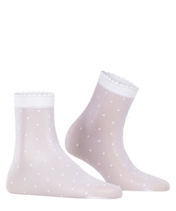 Update your wardrobe with the Falke Dot - White knee socks, featuring a modern polka dot design. Made with transparent fabric, these socks are perfect for any occasion and provide maximum comfort with their perfect fit. 