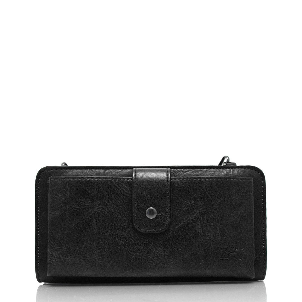 The Zac P1318-22-01-80 wallet features divided sections for storing cards and a central zippered pocket for organizing loose change. Its front pocket, secured by a snap closure, offers a safe storage option for your items.
