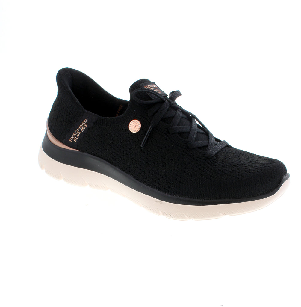 The Skechers Martha Stewart Step-Ins 150285-BLK in black combines timeless style with everyday comfort. Crafted with a fabric upper and mesh lining, this slip-on features a removable microfiber footbed that supports orthotics. The memory foam midsole cushions your foot, while the step-in design and white sole add practical appeal. Vegan-friendly and versatile for year-round wear.