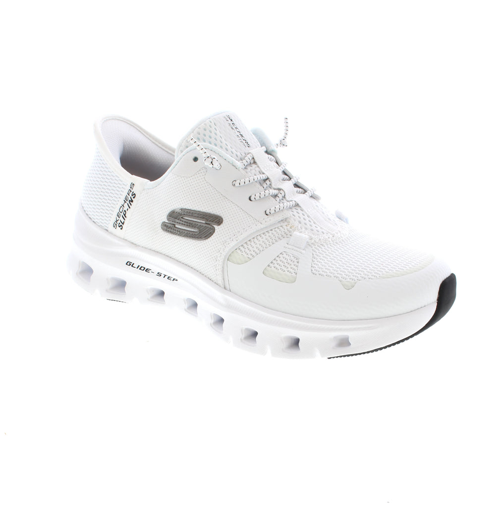 The Skechers Slip Ins Glide Step Pro 150420-150420W-WHT in white blends athleisure style with practical comfort. Built with a mesh and man-made leather upper, mesh lining, and removable microfiber footbed, this slip-on accommodates orthotics. The memory foam midsole cushions every step, while the bungee lace closure and step-in design offer easy on-and-off convenience. Machine washable and vegan-friendly with a white sole.
