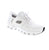 The Skechers Slip Ins Glide Step Pro 150420-150420W-WHT in white blends athleisure style with practical comfort. Built with a mesh and man-made leather upper, mesh lining, and removable microfiber footbed, this slip-on accommodates orthotics. The memory foam midsole cushions every step, while the bungee lace closure and step-in design offer easy on-and-off convenience. Machine washable and vegan-friendly with a white sole.
