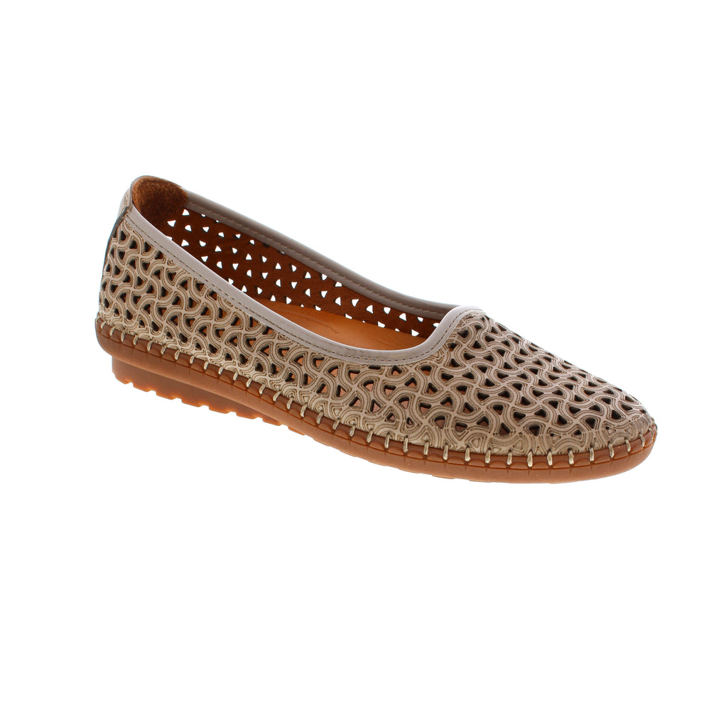 Volks Walkers 1543-STONE ballet slip-on with perforated leather upper for airflow. Features a subtle wedge heel under 1", removable leather insole, and foam midsole for comfort. Round toe design with rubber outsole and orthotic-friendly. Ideal for casual spring and summer wear.
