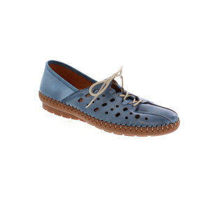 Ladies easy slip on leather shoe with bungee laces, removable footbed and rubber outsole. perforated upper detail.