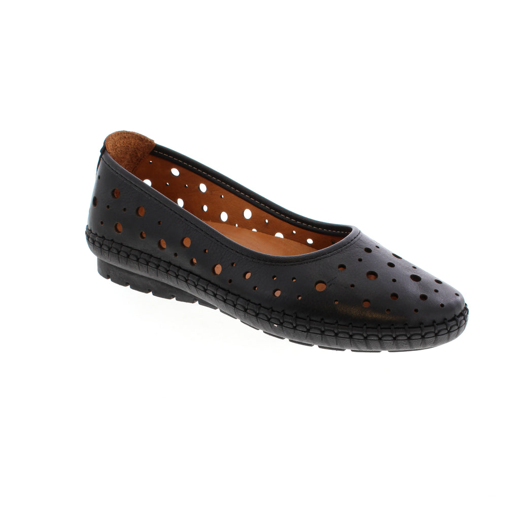 Volks Walkers 1548-BLACK ballet slip-on with perforated leather upper for breathability. Round toe design with a subtle wedge heel under 1" and EVA/PU midsole. Removable leather insole and rubber outsole provide support. Orthotic-friendly and suitable for casual wear throughout the year.