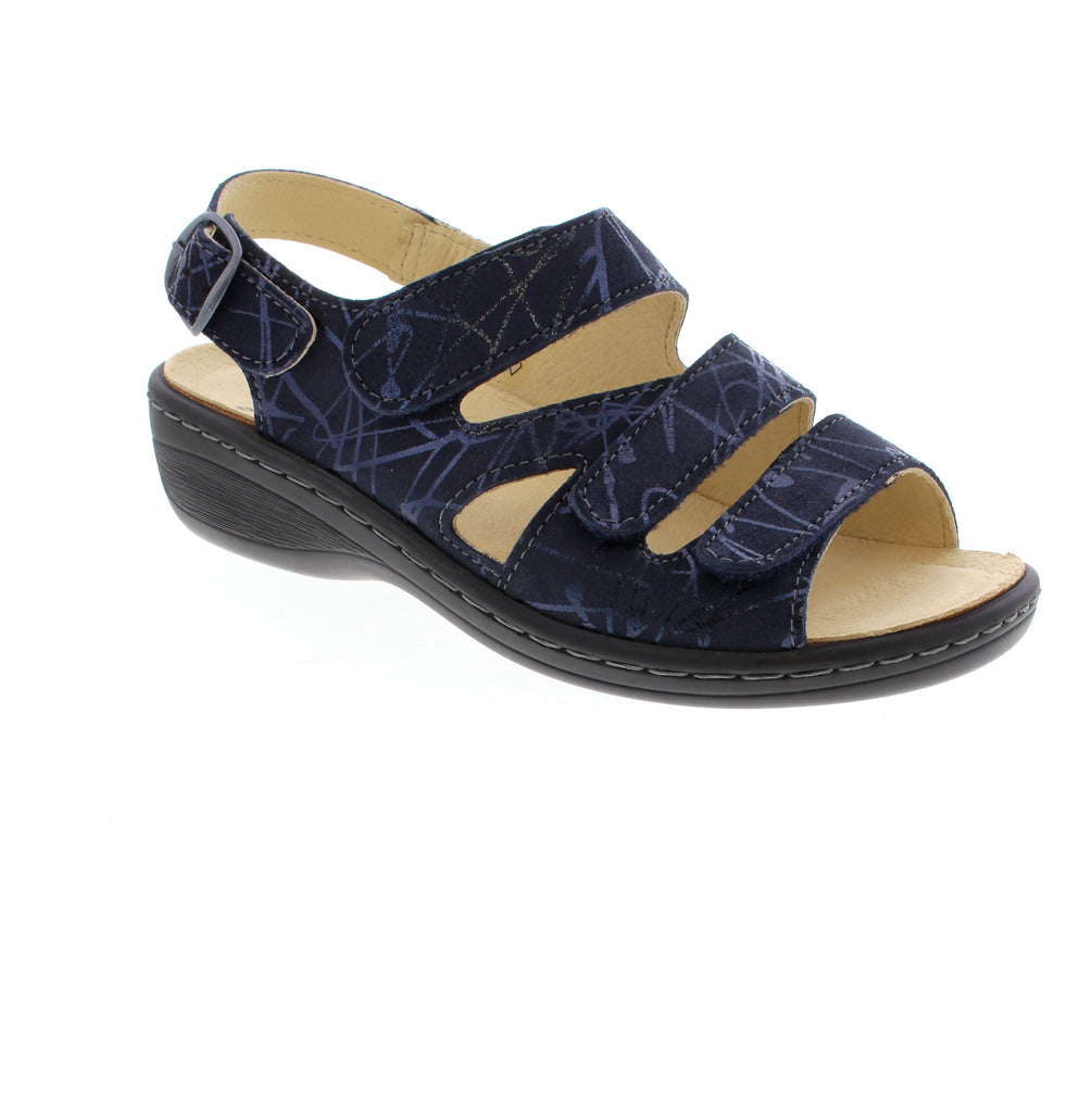 Volks Walkers 15502-NAVY leather sandal with round toe and multiple secure closures: velcro, back strap, and halter strap. Features removable leather insole, EVA/PU midsole, and rubber outsole. Orthotic-friendly design true to size for medium-wide feet. Perfect for casual summer activities.