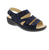 Volks Walkers 15502-NAVY leather sandal with round toe and multiple secure closures: velcro, back strap, and halter strap. Features removable leather insole, EVA/PU midsole, and rubber outsole. Orthotic-friendly design true to size for medium-wide feet. Perfect for casual summer activities.