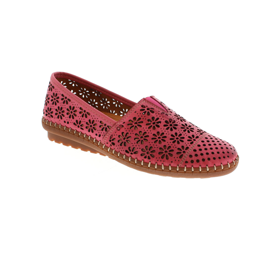Volks Walkers&nbsp;1554-PINK-2 leather slip-on with perforated upper and elasticized construction for a secure fit. Features almond toe, wedge heel under 1", and foam midsole for all-day comfort. Removable leather insole and rubber outsole, orthotic-friendly. Perfect for casual spring and summer activities.