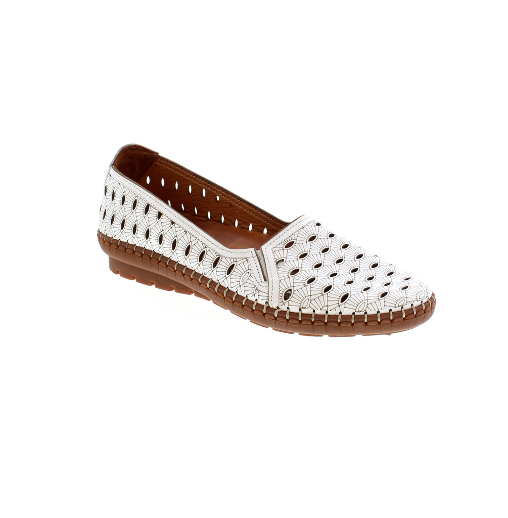 Ladies white  leather slip on shoe, with perforated upper detail.