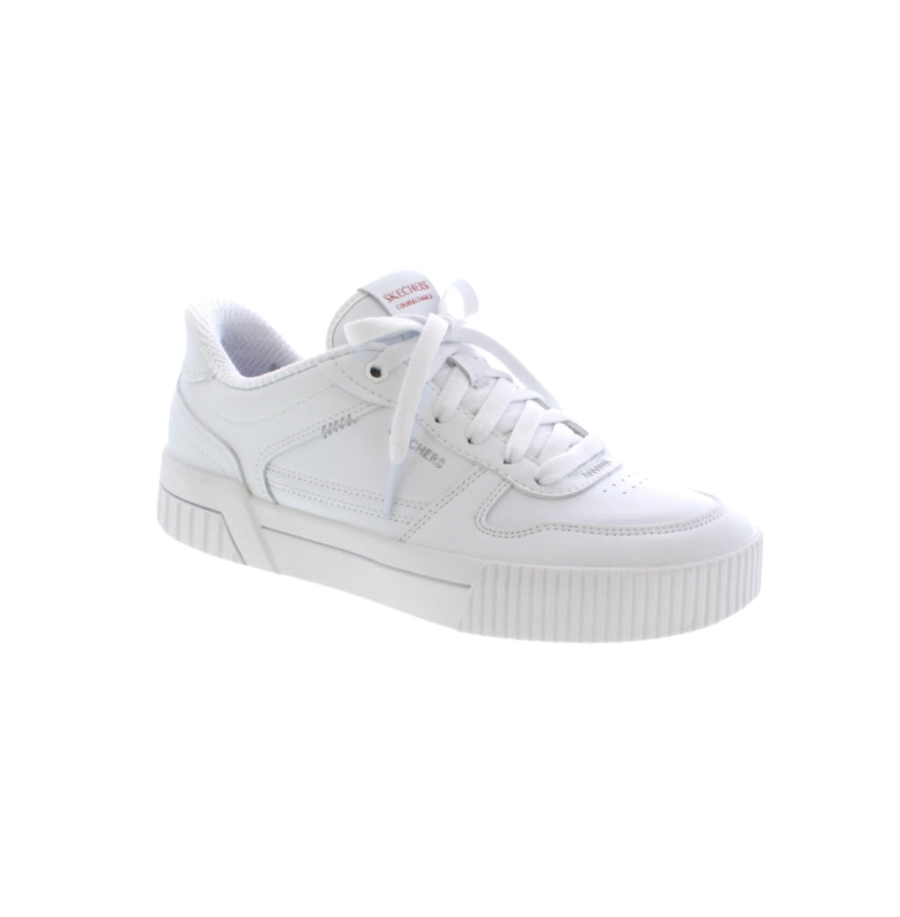 Upgrade your sneaker game with Skechers Slip In's Jade-White. Its exclusive Heel Pillow™ offers superior support and comfort, while the duraleather upper and lace-up front provides a clean and classic court look. Step in and experience the cushioned comfort of the Skechers Air-Cooled Memory Foam® insole.