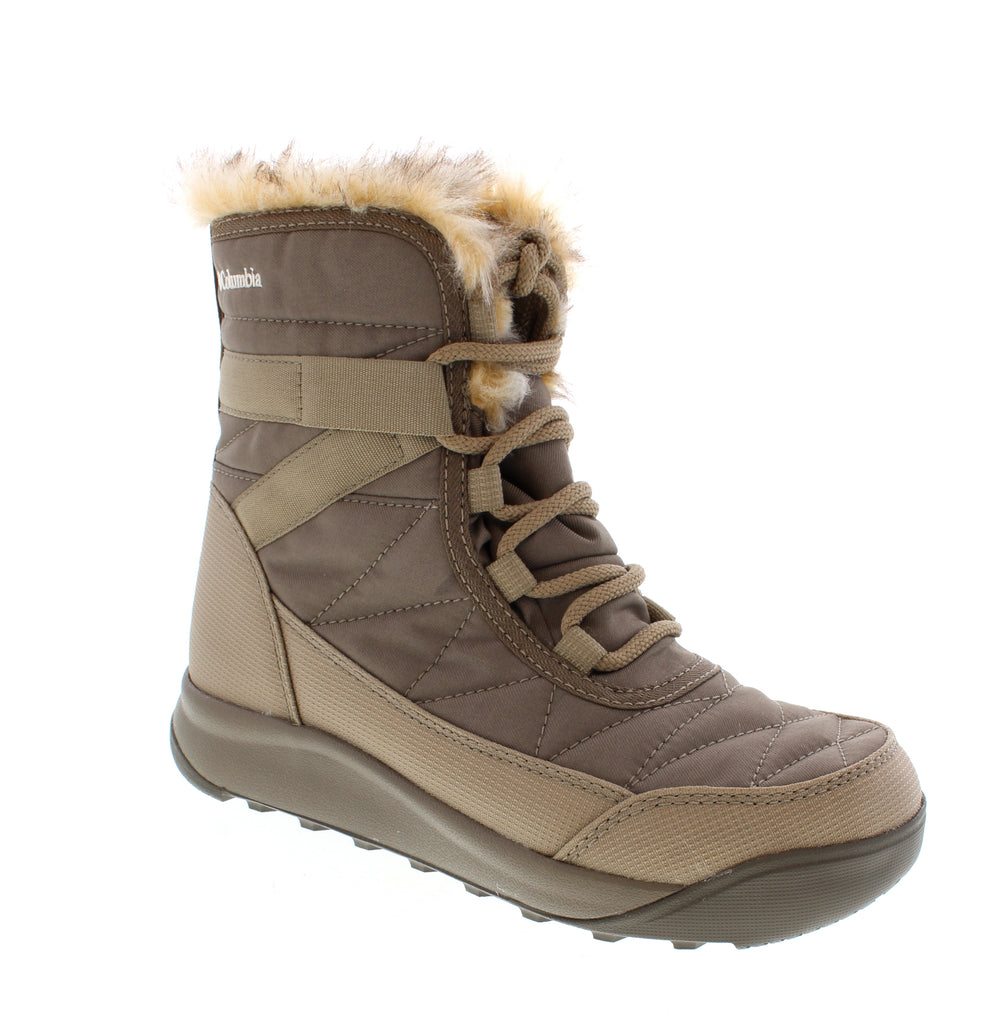 Stay warm and dry in the Columbia Minx Shorty IV Omni-Heat, a versatile winter boot designed for cold-weather adventures. This khaki ankle boot combines waterproof protection with advanced insulation technology to keep your feet comfortable in harsh conditions. Waterproof nylon upper with faux fur lining shields against snow and moisture, while Omni-Heat reflective lining retains body heat. The insulated construction, foam midsole, and enhanced traction rubber outsole deliver stability on icy terrain.