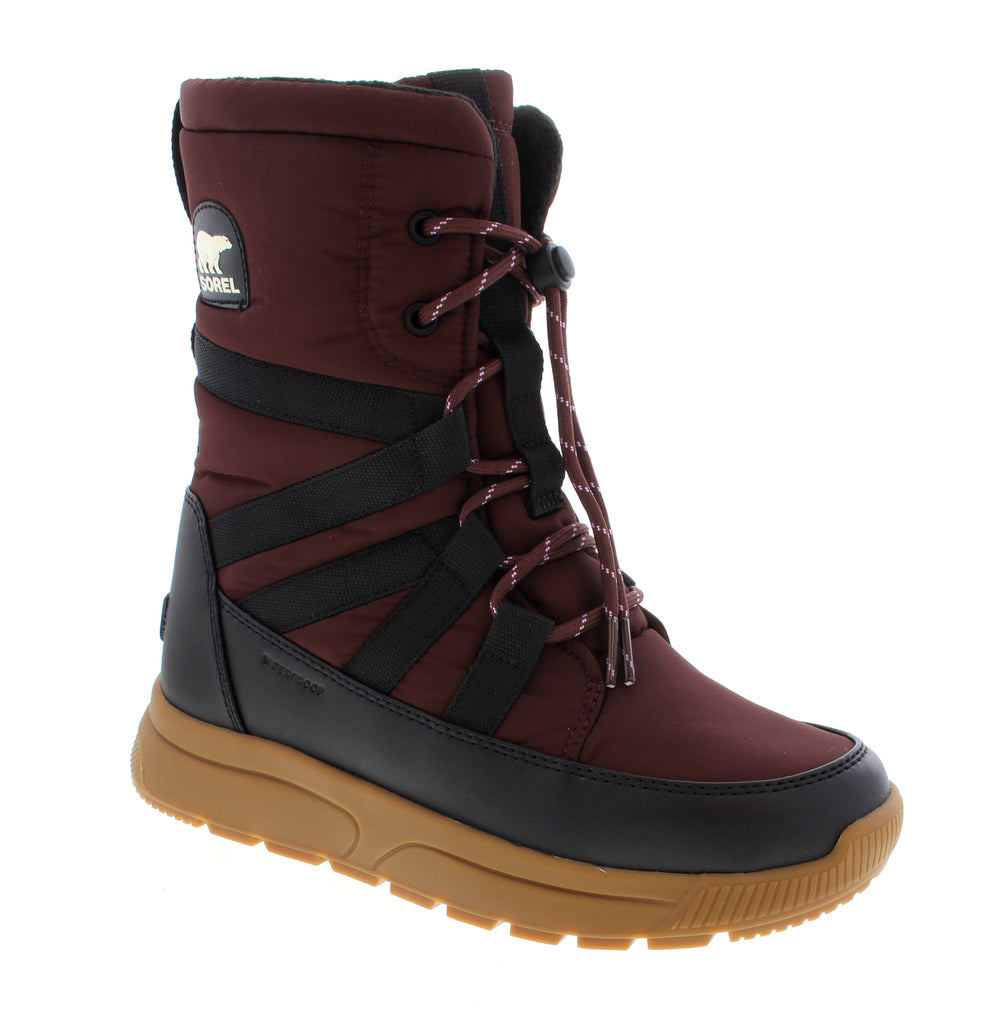 Stay warm and dry in the Sorel Whitney III Tall WP, a waterproof winter boot built for cold-weather adventures. Featuring 200G insulation, a fleece-lined interior, and a durable rubber outsole, this burgundy boot keeps your feet protected through snow and slush. Waterproof nylon upper with draw string closure 200G insulation for warmth in harsh conditions Fleece lining and microfiber footbed for comfort EVA midsole and rubber outsole for traction Orthotic friendly design.