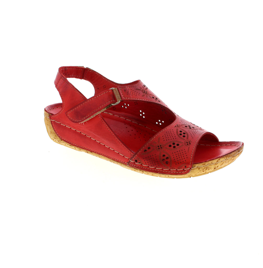 Volks Walkers 2312-RED leather sandal with perforated upper for breathability. Round toe with wedge heel under 1" and combined EVA/PU and cork midsole.  Velcro adjust strap and elastisized back strap for easy on and off. Rubber outsole.  Great for casual summer outings.