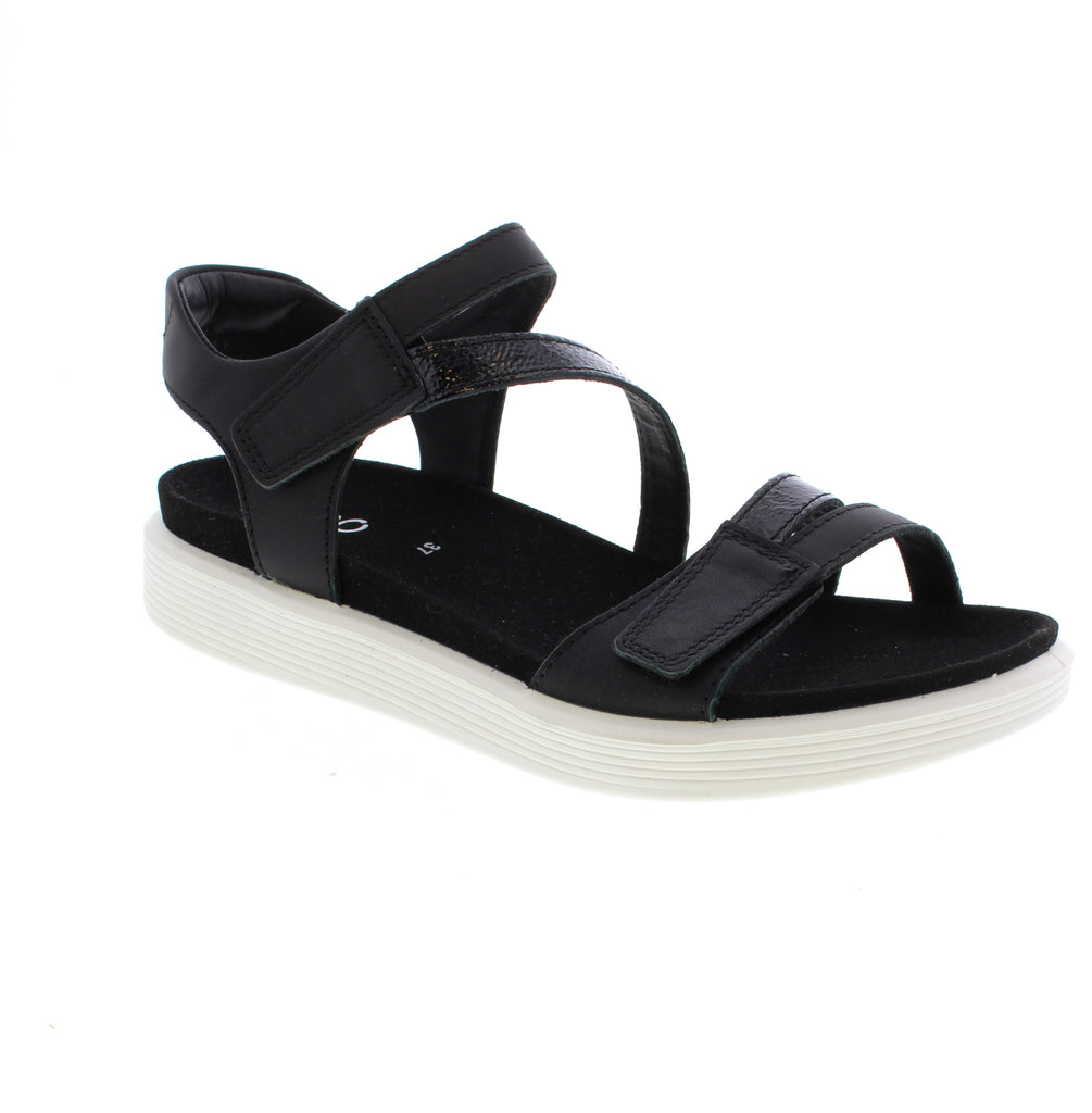 Simplify your summer style with the Ecco Soft Sandal. Crafted with soft leather and a supportive footbed, this sandal offers light arch support and a padded collar for all-day comfort. The strappy design and white sole add a touch of style to any casual occasion.