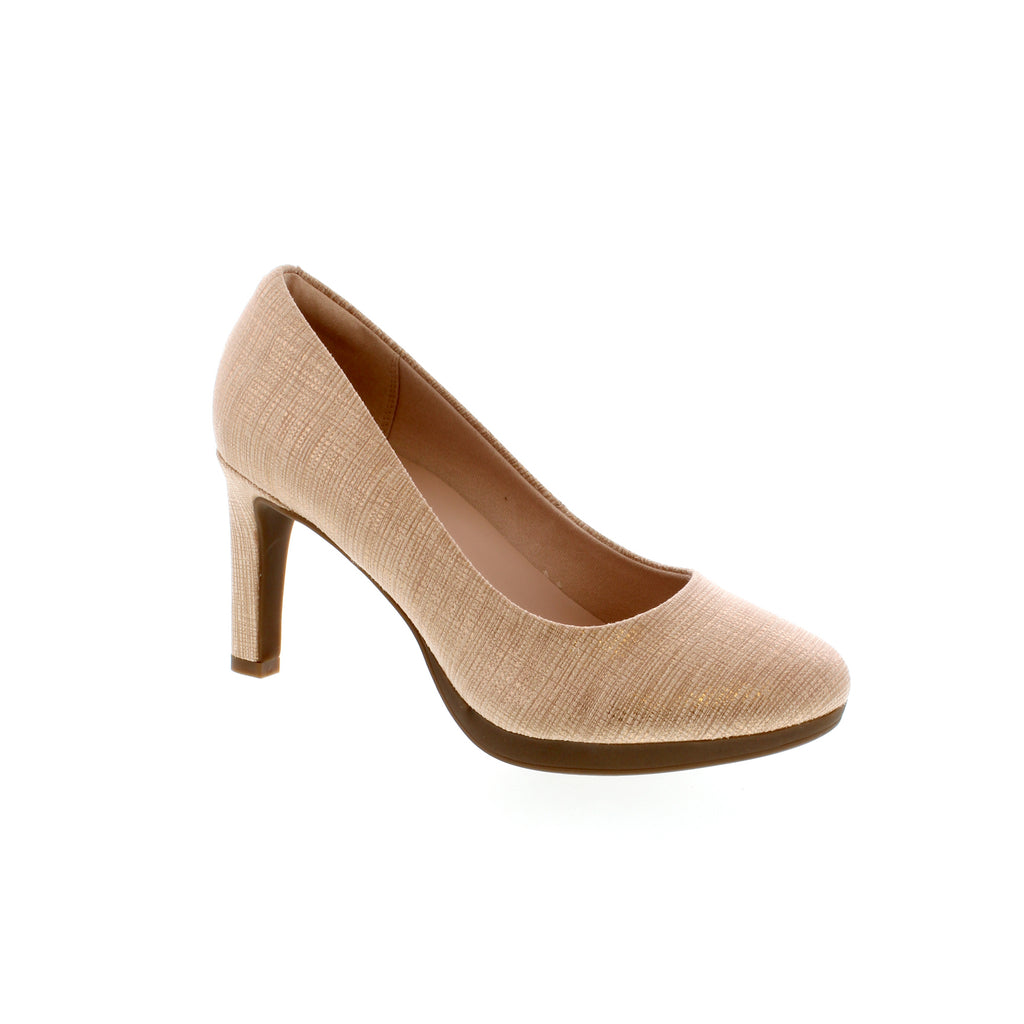 Clarks Ambyr Joy high heel is crafted with a fabric upper, rubber outsole, and an almond toe for timeless, chic appeal. Perfect for weddings, and formal events, this pump offers a comfortable fit. The beige metallic finish evokes a subtle shimmer for a fashion-forward look.