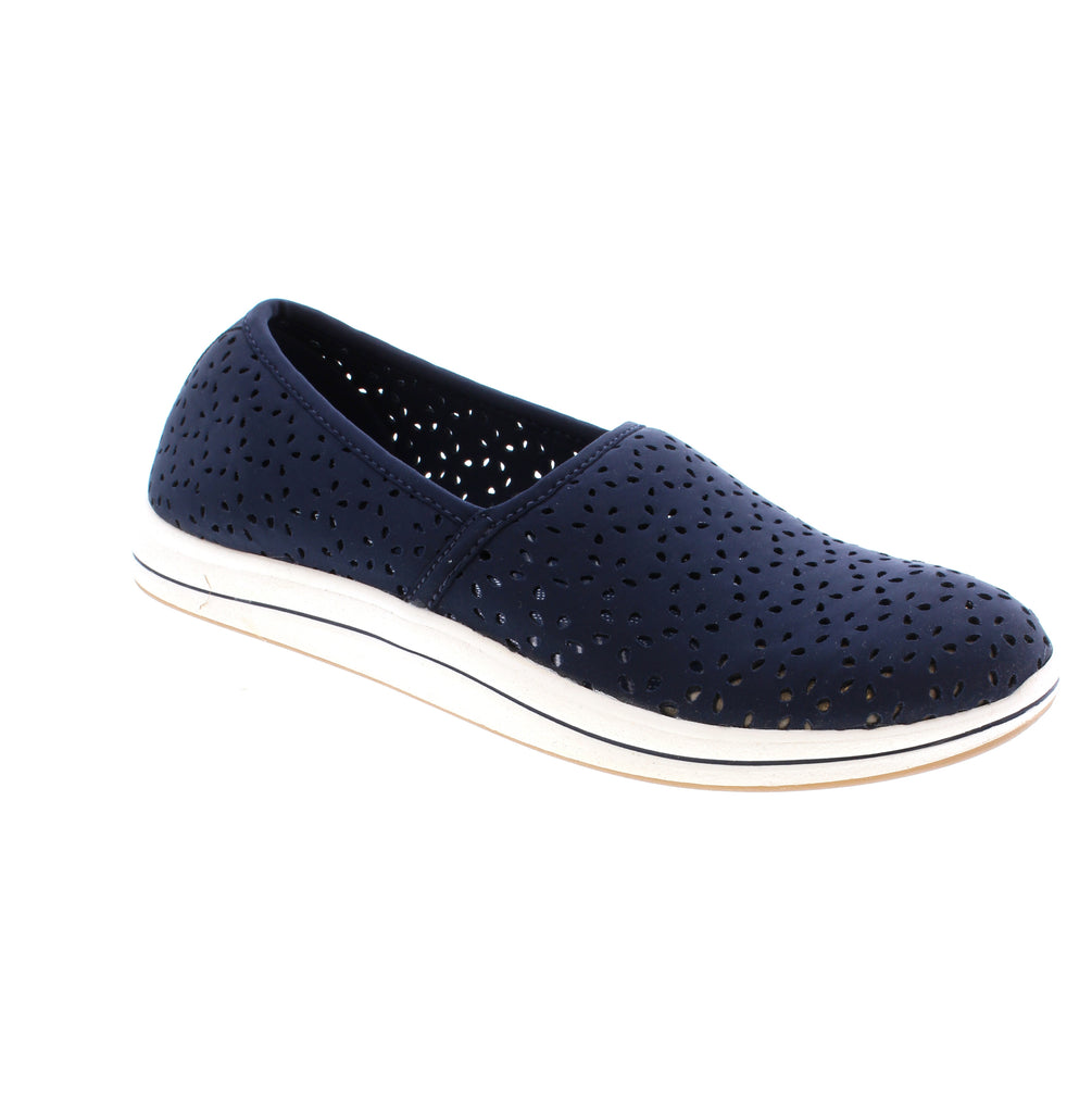 Meet the Clarks Breeze Emily in navy your new favorite slip-on for endless summer fun. This lightweight shoe features a breathable perforated fabric upper that keeps your feet cool and fresh, while the elasticized design means easy on-and-off comfort. The shock-absorbent foam and EVA/PU midsole work together to cushion every step, and the microfiber footbed adds an extra layer of coziness. 