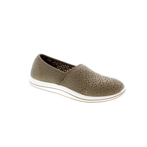 Clarks Breeze Emily is a stylish, perforated casual shoe that features a soft, taupe textile upper and Cushion Soft™ foam footbed for lasting comfort and shock absorption. The flexible EVA footbed provides an ultra-soft feel while the outsole grants a reliable grip. 