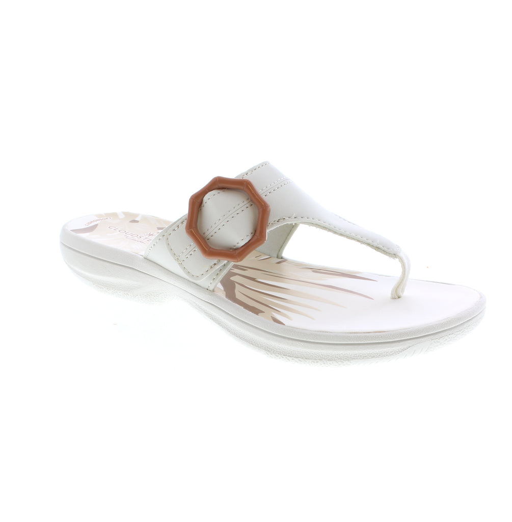 The Clarks Breeze Cove is a lightweight cream thong sandal with a soft fabric upper and slip-on design. It features a cushioned foam-EVA midsole, microfiber footbed, and durable rubber sole. True to size in narrow to medium widths.
