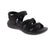 The Clarks Mira Madi is a black sandal combining leather and fabric with a velcro closure for easy on-and-off wear. It offers light arch support, shock absorption, and a cushioned microfiber footbed. Available in multiple widths and true to size.