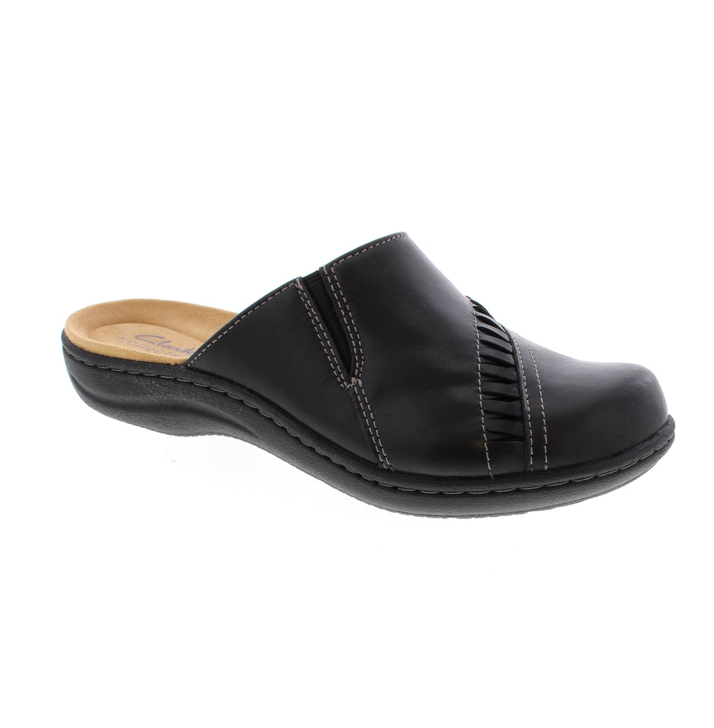 The Clarks Laurieann Lux is a sleek black patent leather clog with an elasticized upper for a secure fit. Featuring light arch support, a leather footbed, and foam-EVA midsole, it transitions seamlessly from office to casual settings. Available in multiple widths and true to size.