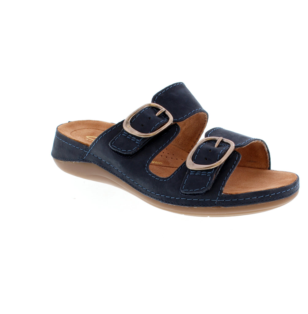Slip into the Clarks Cecily Step and discover effortless style in a gorgeous navy nubuck. This versatile slide pairs a buckle closure with light arch support and a plush microfiber footbed for all-day comfort. The cushioned foam-EVA midsole and reliable rubber sole keep you steady on casual adventures.