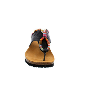 Ladies slip on toe post sandal with beaded swirl detail on the front.