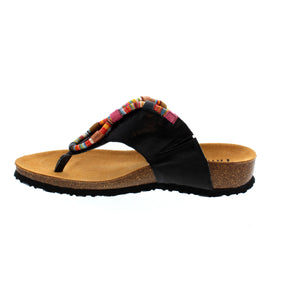 Ladies slip on toe post sandal with beaded swirl detail on the front.