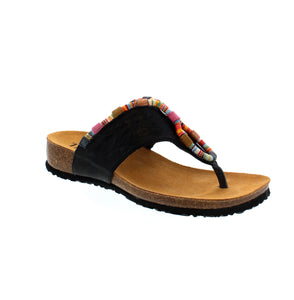 Ladies slip on toe post sandal with beaded swirl detail on the front. 