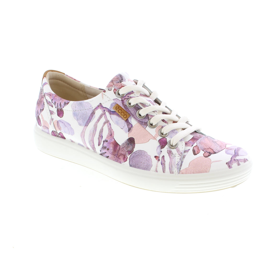 Simplify your style with ECCO Soft 7 Sneaker, featuring a floral pattern in white, pink and purple. The lace-up closure and leather upper provide a secure fit, while the man-made leather lining and removable insole ensure comfort. The EVA/PU outsole and midsole offer shock absorption, making them perfect for walking and casual wear.