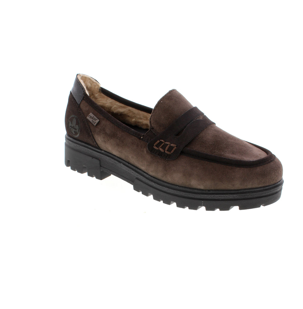 Rieker's timeless slip-on loafer combines comfort with versatile style. Crafted with a suede upper, water-resistant protection, and cozy faux fur lining, this brown loafer transitions seamlessly from the office to casual outings. The removable microfiber footbed and foam midsole provide all-day support, while the rubber outsole ensures durability. True-to-size fit with an average width.